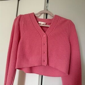 LoveShackFancy Pink Cropped Avignon Knit Cardigan Sweater